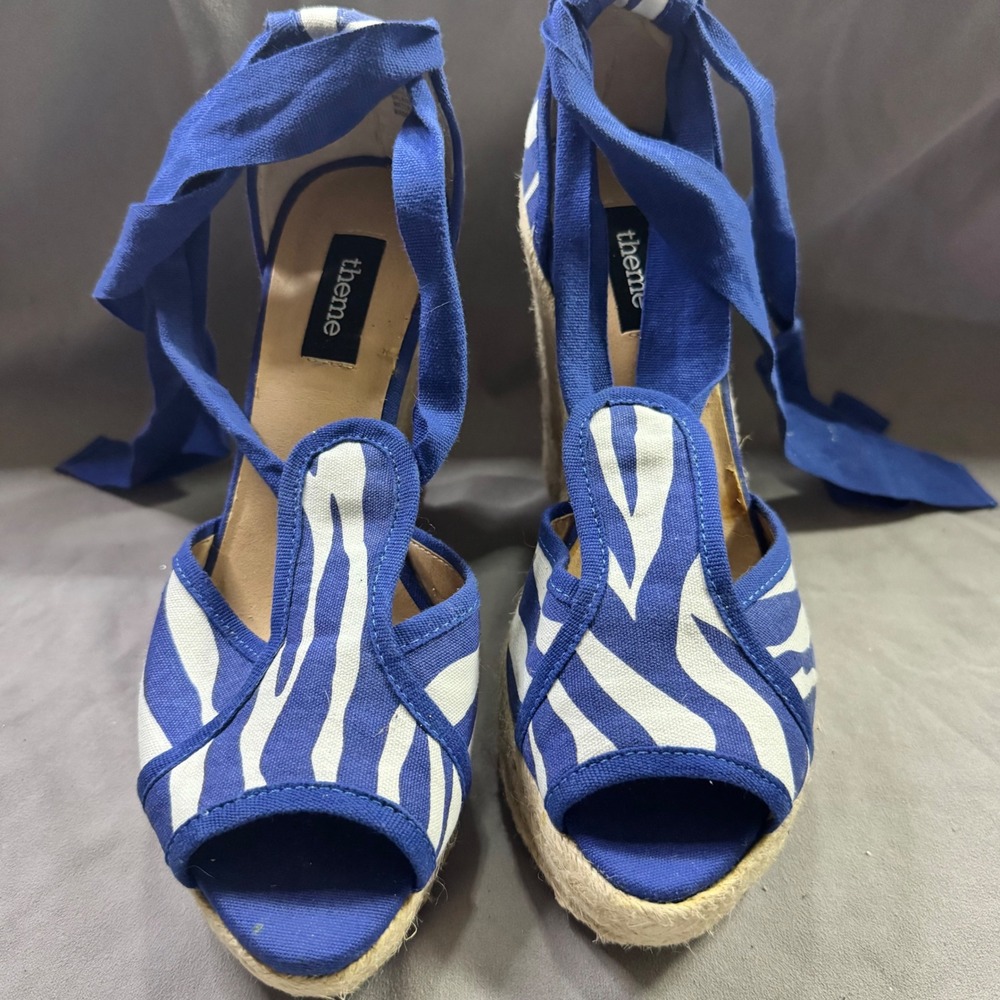 Theme Zebra Print Espadrille Wedge Sandals Blue White Ankle Tie 6.5M 169109